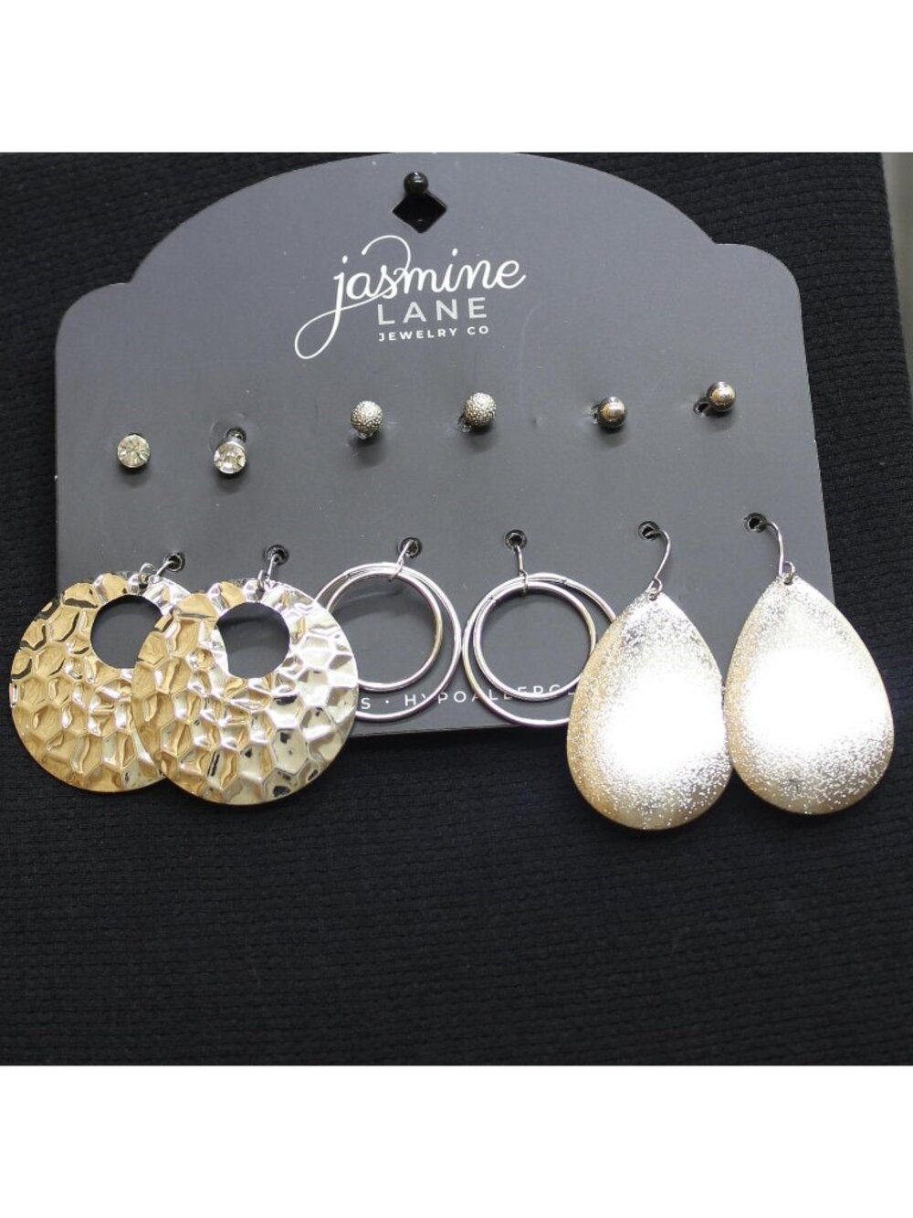 NWT Jasmine Lane 6 Pack Rhinestone Studs Dangly Hoop Earrings Silver Gray